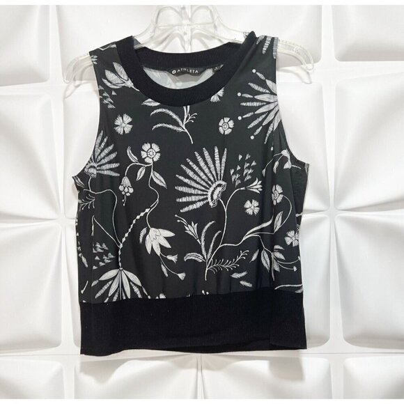 Althleta Sz S Black Floral Print Ribbed Shell Zephyr Tank Top Black UPF 50+ - Picture 2 of 10